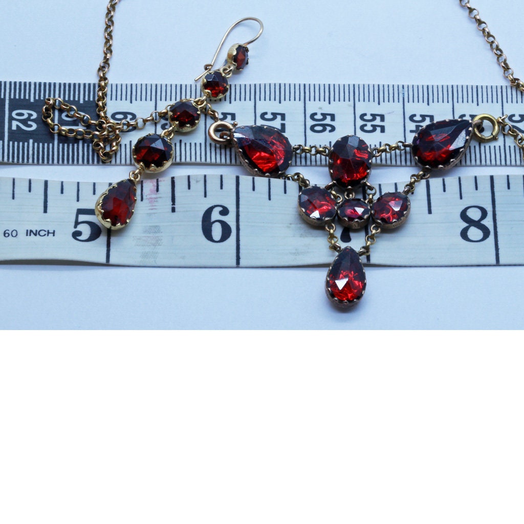 Victorian Earrings Necklace Bracelet 18k Gold Garnets French Jewelry Set (6584)