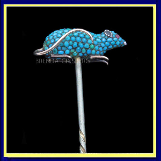 Antique Victorian Mouse Stick Pin Tie Brooch Gold Silver Turquoise Garnet (7114)