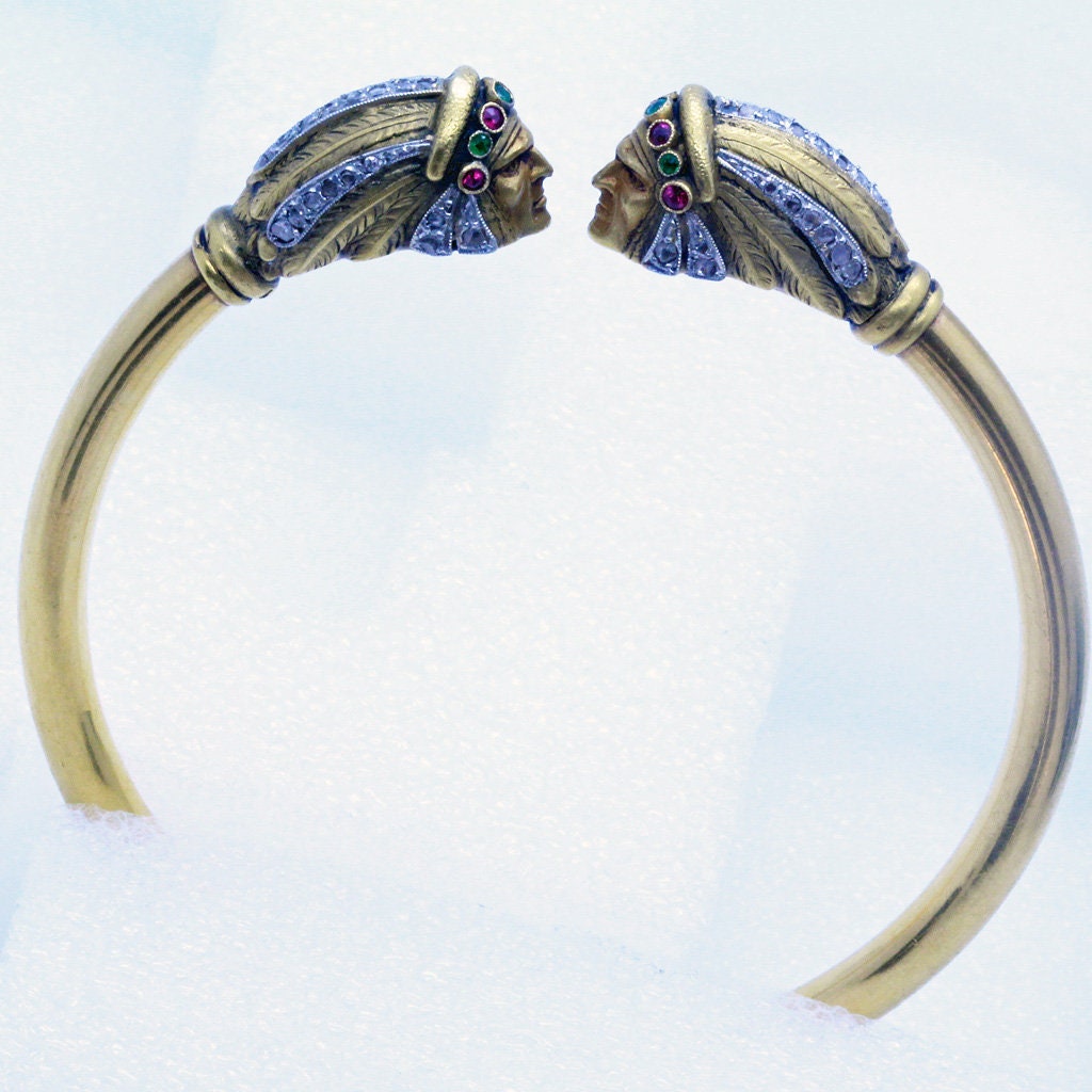 Antique French Nouveau Bangle Bracelet Gold Diamond Gems Superb Heads (7001)