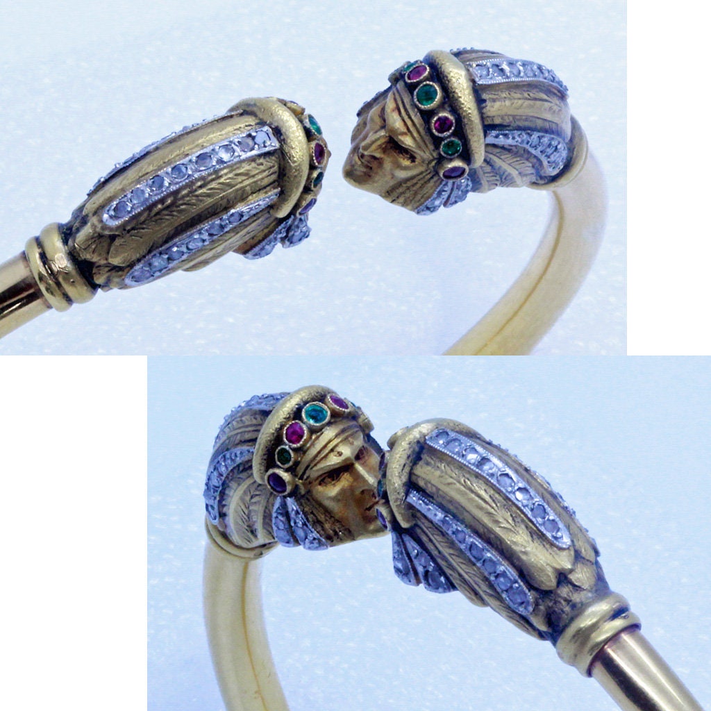 Antique French Nouveau Bangle Bracelet Gold Diamond Gems Superb Heads (7001)