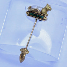 Antique Scarf Pin Brooch 18k Gold Natural Pearl Jade Cat French Unisex (7065)