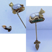 Antique Scarf Pin Brooch 18k Gold Natural Pearl Jade Cat French Unisex (7065)
