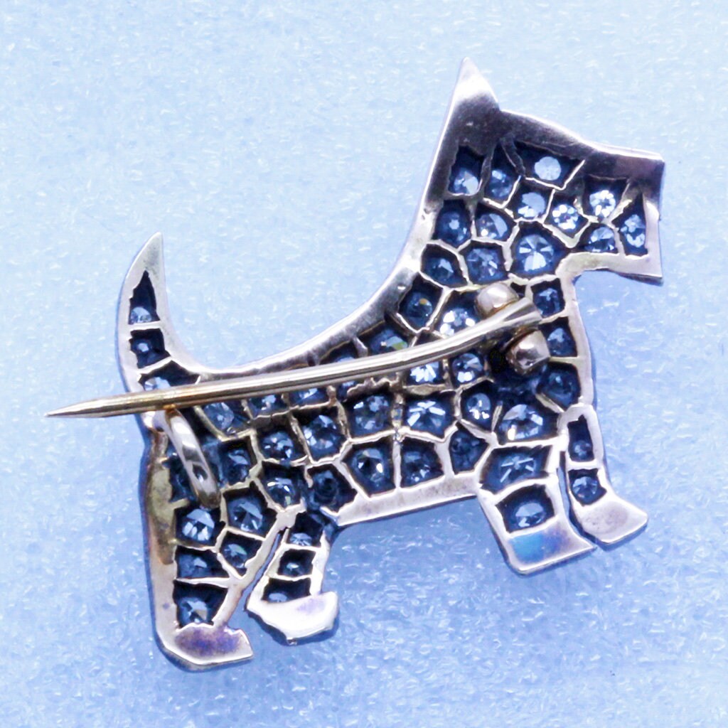 Antique Art Deco Scottie Dog Brooch Pin 15Ct Gold Silver Diamonds Unisex (7081)
