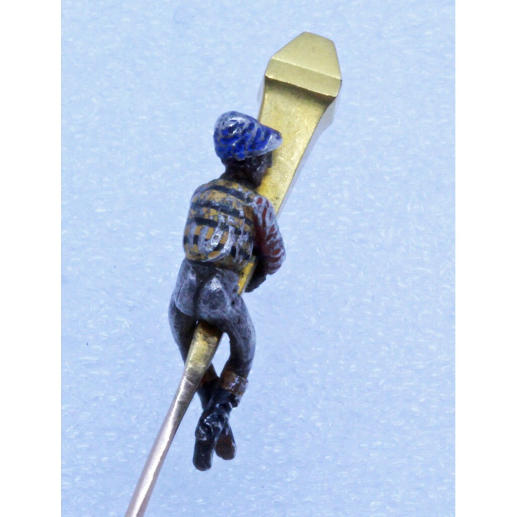 Antique Tie Pin Brooch gold silver enamel Jockey horse rider lamp Unisex (7085