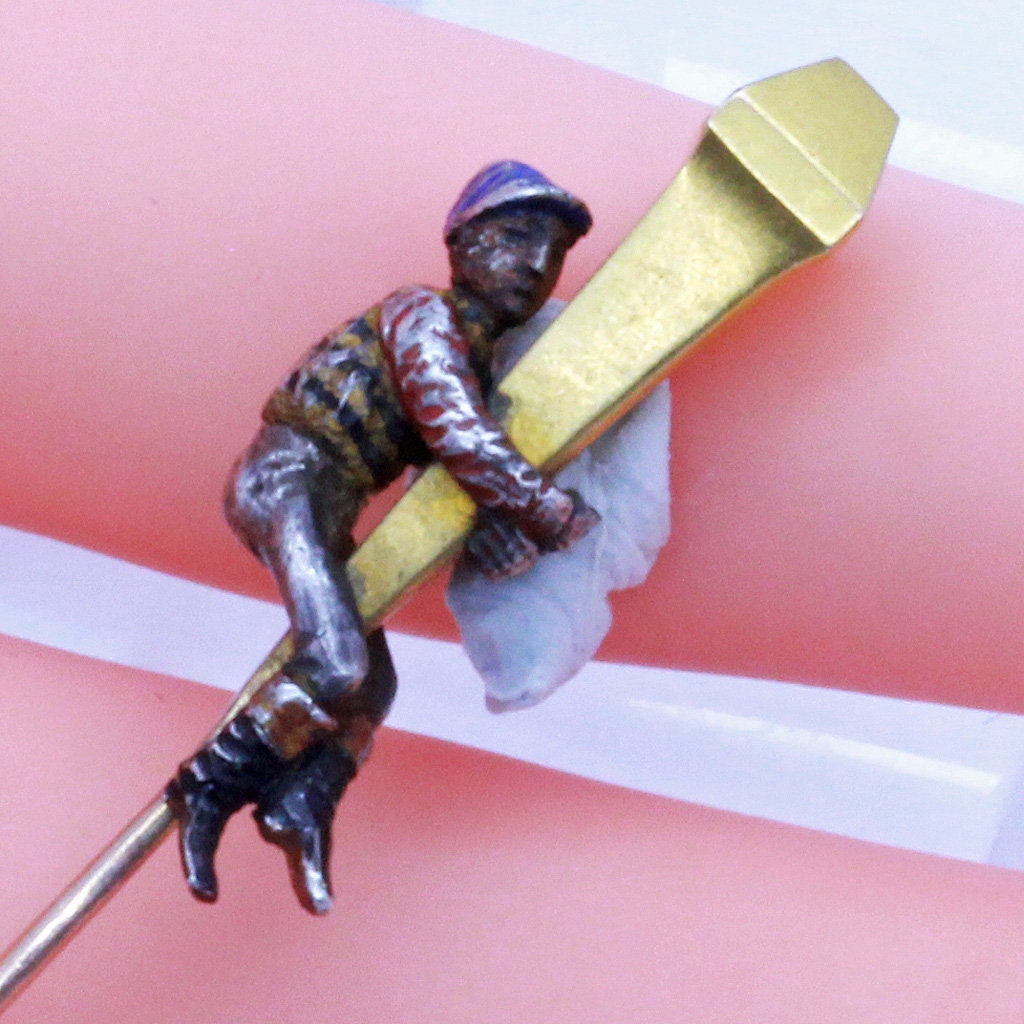 Antique Tie Pin Brooch gold silver enamel Jockey horse rider lamp Unisex (7085