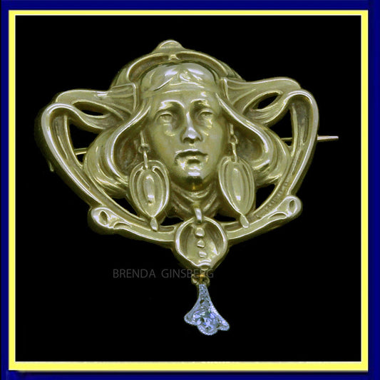 Antique Art Nouveau Brooch Pendant Gold Diamond sgnd Janvier, Nelly Kaplan(7011)