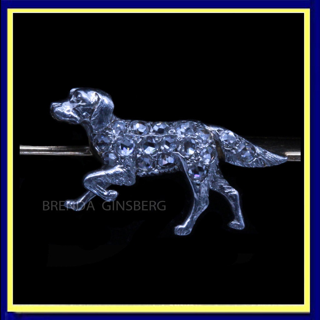 Antique Brooch Victorian Dog Diamonds 14k Gold Platinum Retriever Pointer (5895)