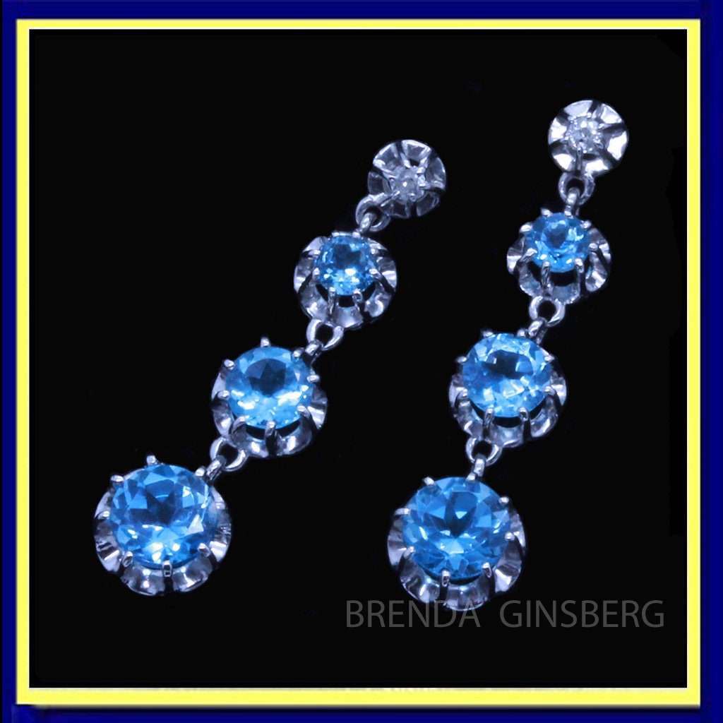 Art Deco Vintage long Earrings 18k White Gold Diamonds Blue Topaz French (7093)