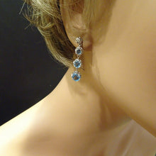 Art Deco Vintage long Earrings 18k White Gold Diamonds Blue Topaz French (7093)