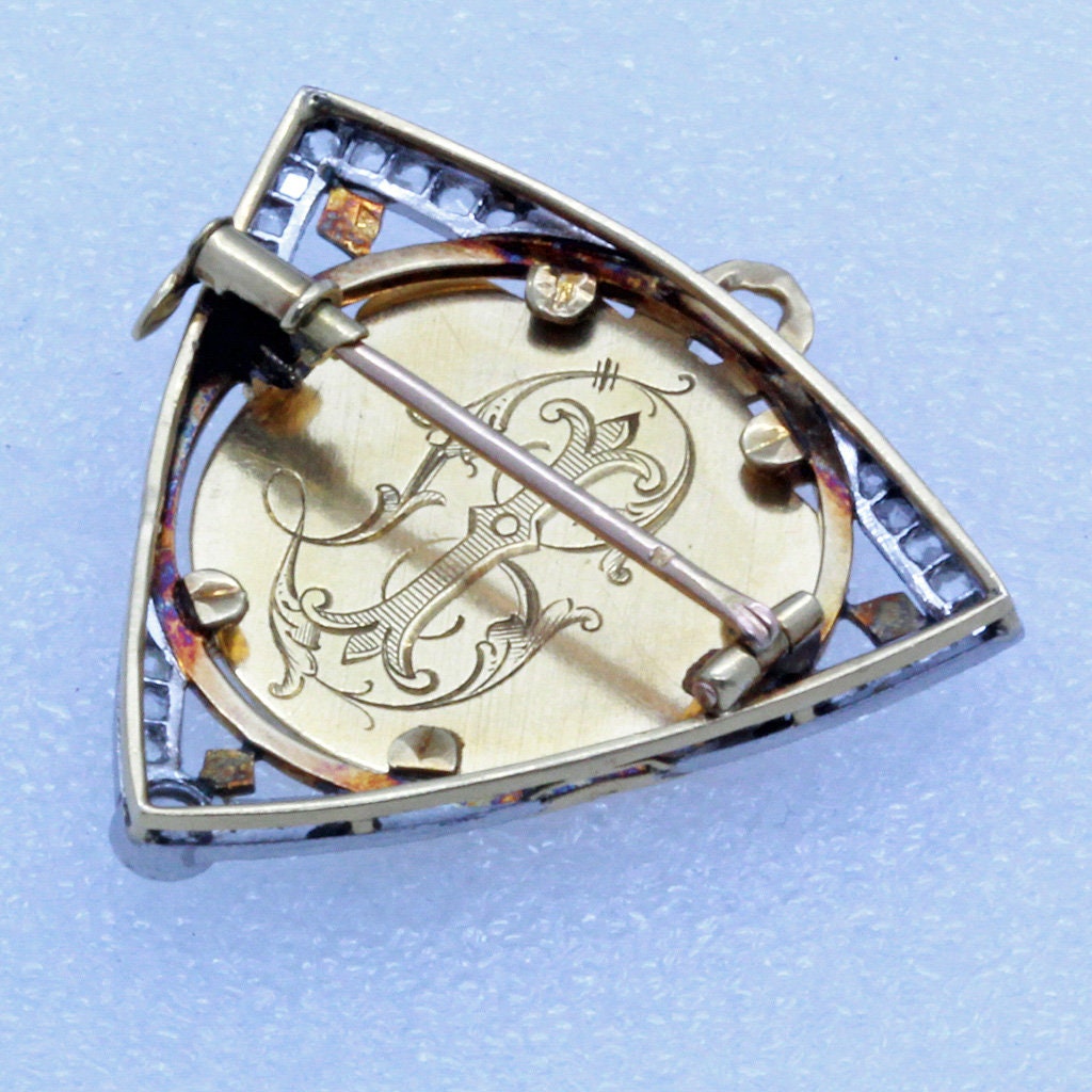 Antique Brooch Pendant Angel 18k Gold Platinum Diamonds Enamel Signed (7099)