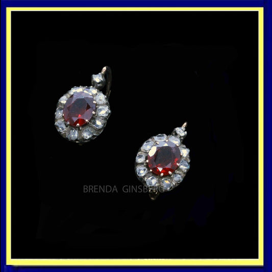 Antique Victorian Earrings 18k Gold, Silver, Garnets, Diamonds, French (7109)