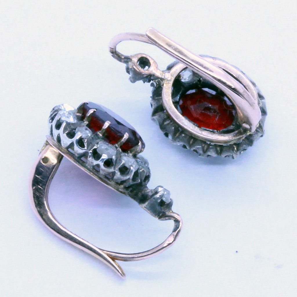 Antique Victorian Earrings 18k Gold, Silver, Garnets, Diamonds, French (7109)