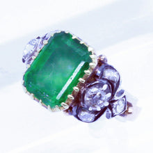 Antique Victorian Emerald and Diamond ring 18k Gold and Silver, French (7089)