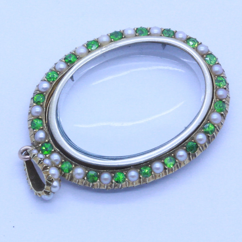 Antique Victorian Locket Pendant Gold Demantoid Garnet Pearls Appraisal (5414)