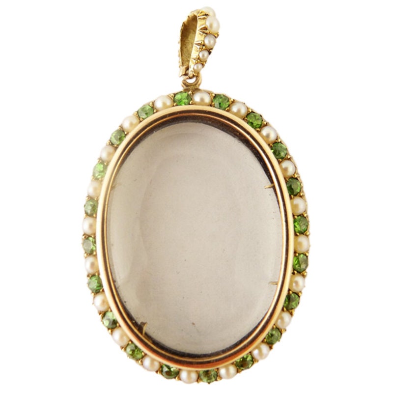Antique Victorian Locket Pendant Gold Demantoid Garnet Pearls Appraisal (5414)