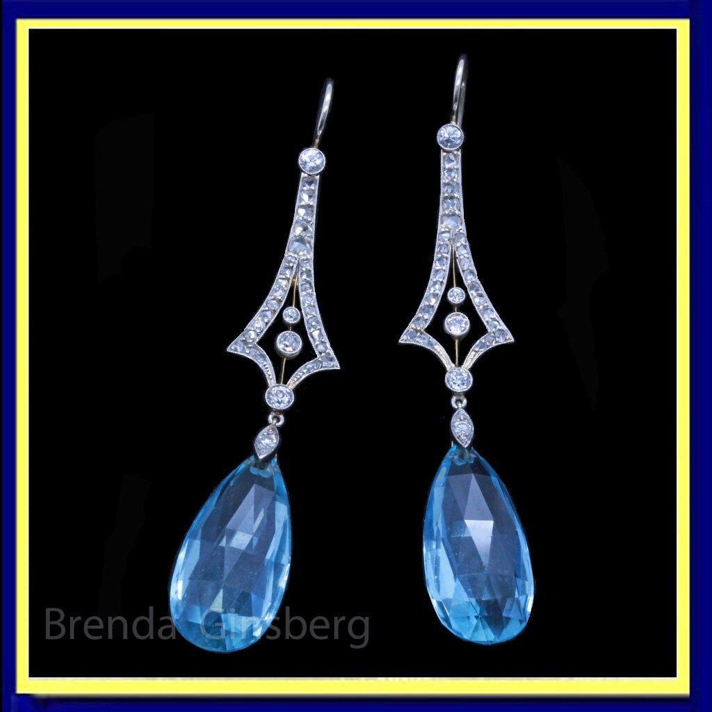 Antique Victorian Earrings Ear Pendants Aquamarine Diamonds Platinum Gold (7078)