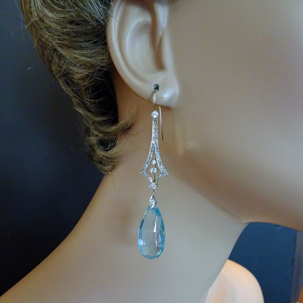 Antique Victorian Earrings Ear Pendants Aquamarine Diamonds Platinum Gold (7078)