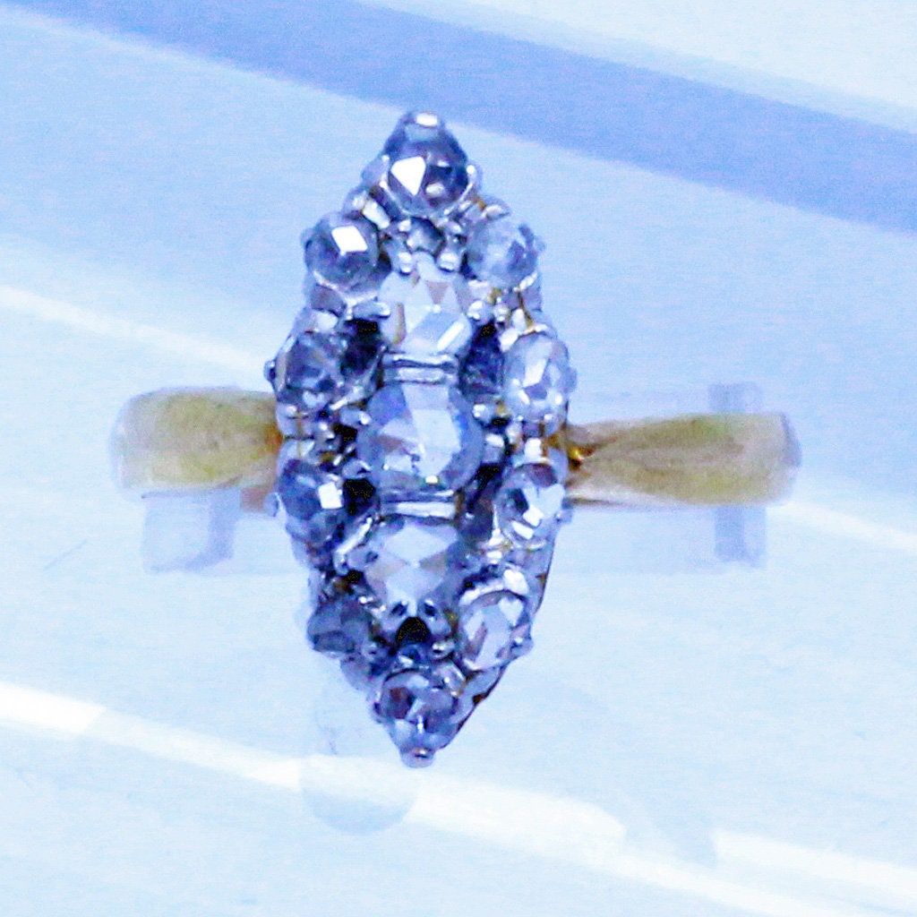 Antique Victorian Ring 18k Gold Platinum Rose-cut Diamonds French Navette (7090)