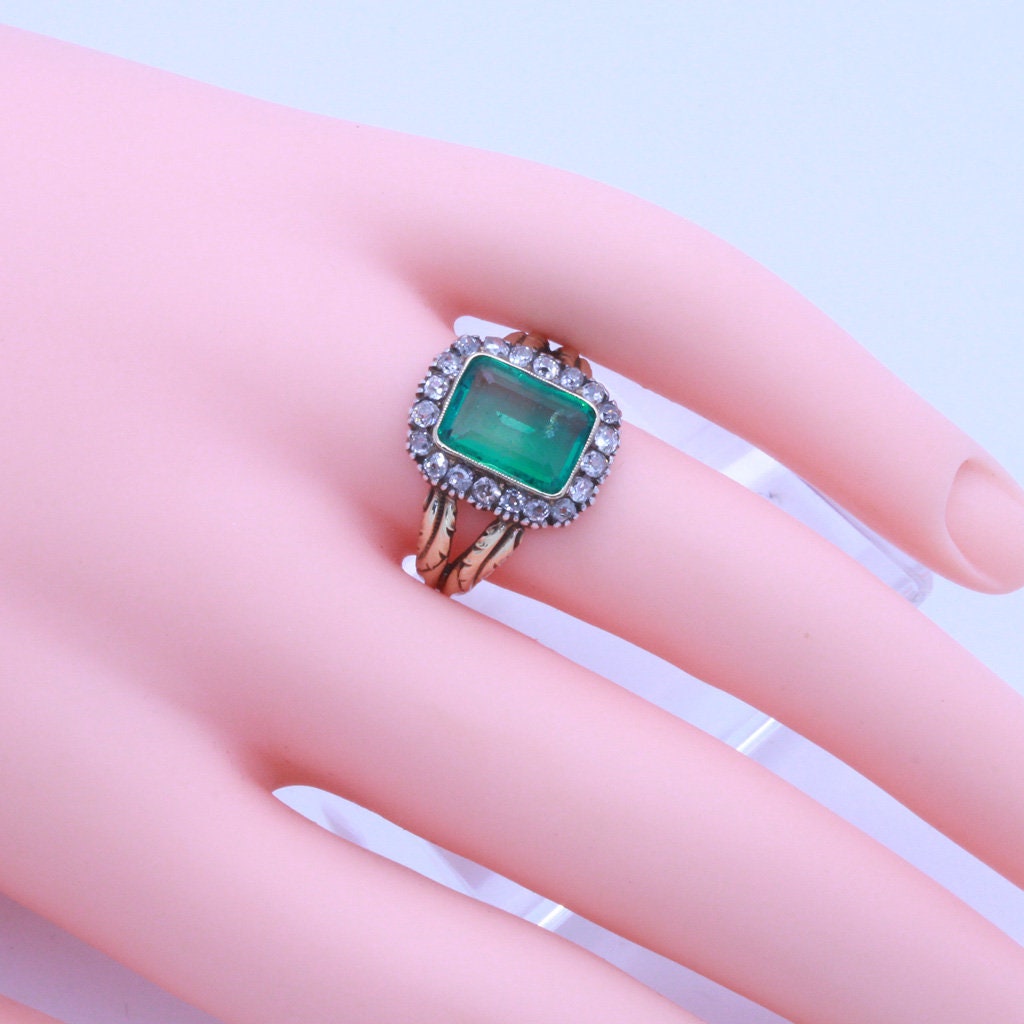 Antique French Victorian Ring 18k Gold Emerald Diamonds Engagement Ring (7097)