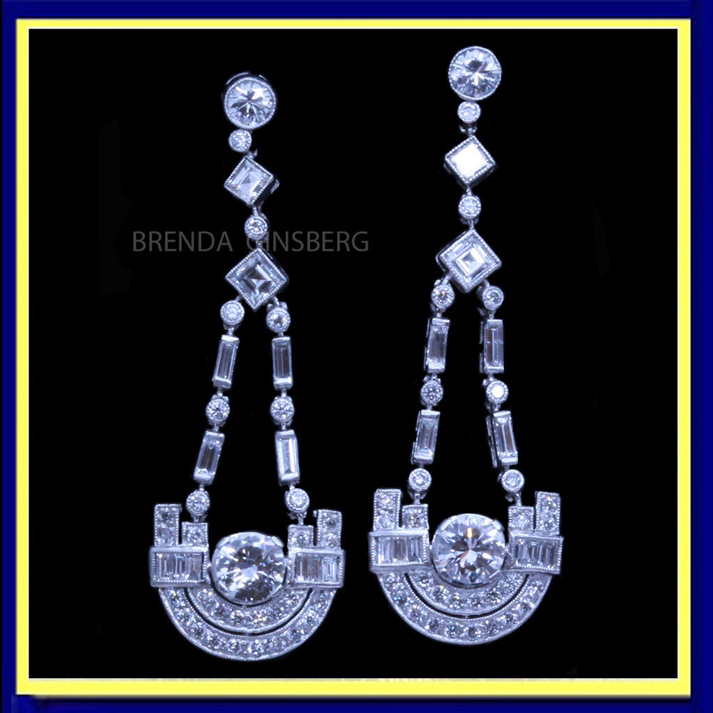 Antique French Art Deco Earrings Platinum Diamonds Dangle Drop Ear Pendants(7107)