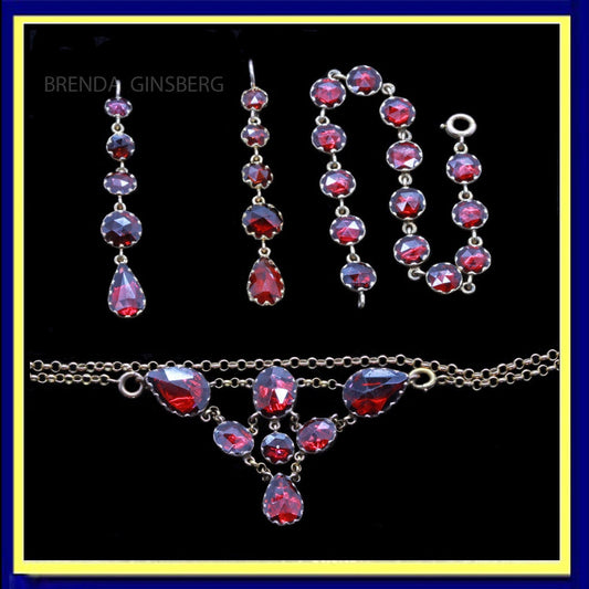 Victorian Earrings Necklace Bracelet 18k Gold Garnets French Jewelry Set (6584)