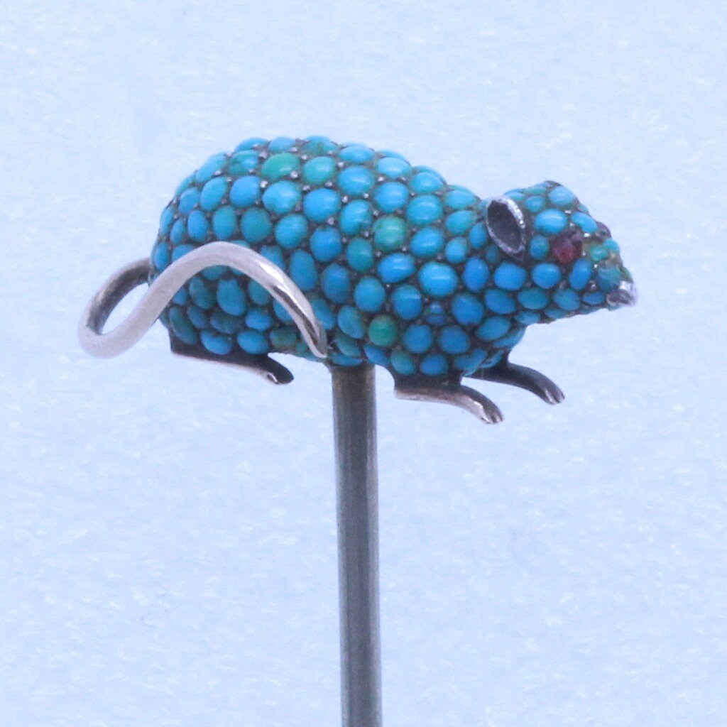 Antique Victorian Mouse Stick Pin Tie Brooch Gold Silver Turquoise Garnet (7114)