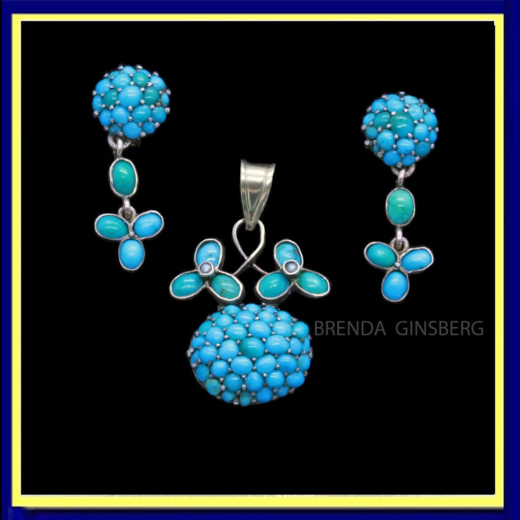 Antique Victorian Earrings Pendant Jewelry Set 9k Gold Turquoise Pearls (7115)