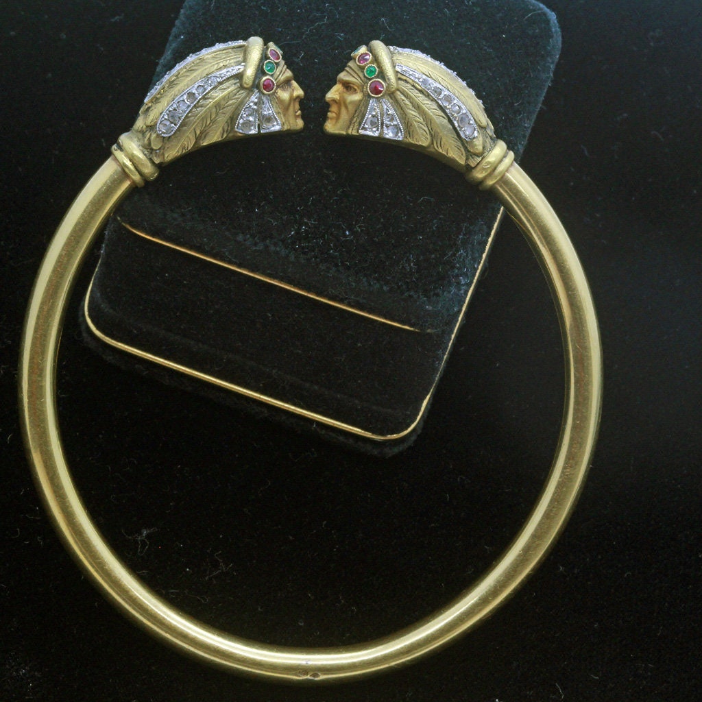 Antique French Nouveau Bangle Bracelet Gold Diamond Gems Superb Heads (7001)