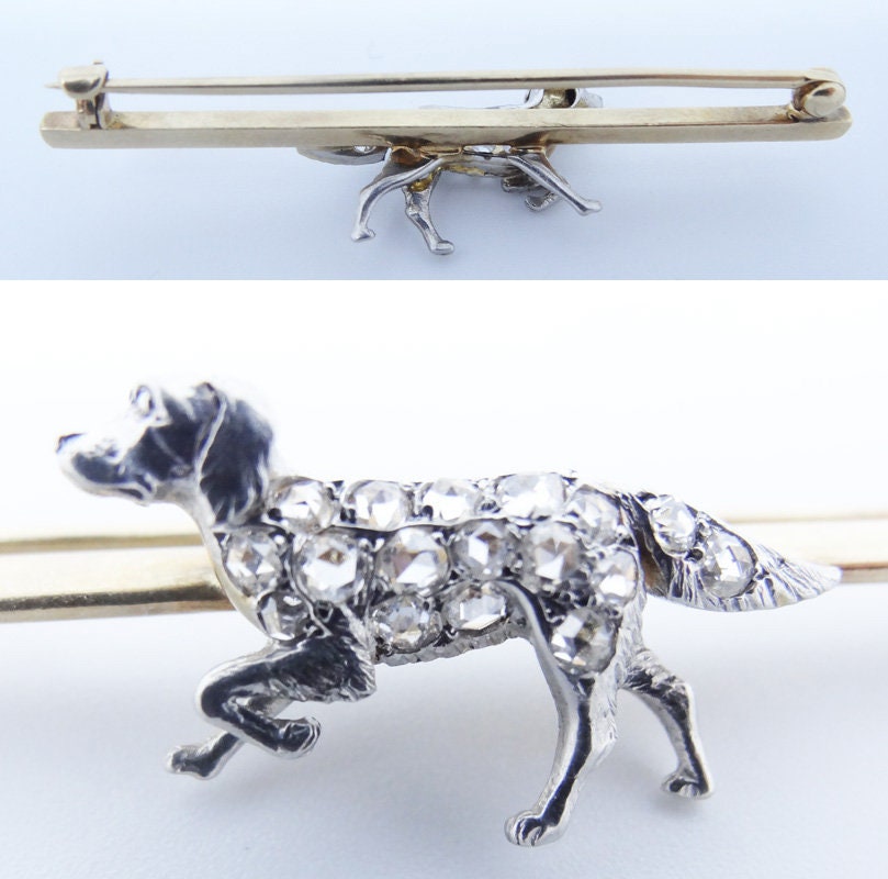 Antique Brooch Victorian Dog Diamonds 14k Gold Platinum Retriever Pointer (5895)