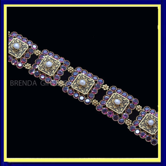 Antique Victorian Bracelet 18k Gold Garnets Pearls Enamel Signed PM (7122)