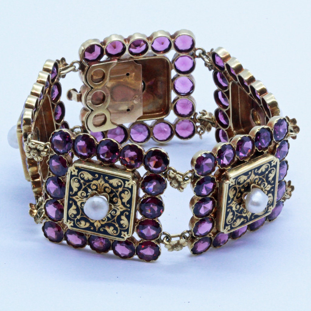 Antique Victorian Bracelet 18k Gold Garnets Pearls Enamel Signed PM (7122)