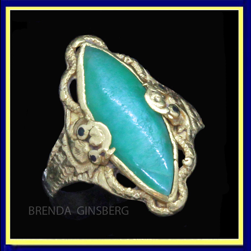 Antique Vintage Chinese Ring 22k Gold Jade Dragons Foo Dogs Unisex (7125)