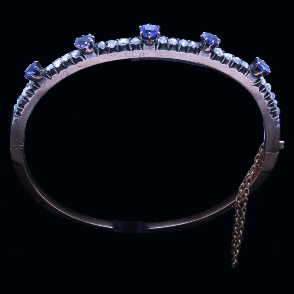 Antique Victorian Bangle Bracelet Diamonds Sapphires 14K Gold w Appraisal (7134)