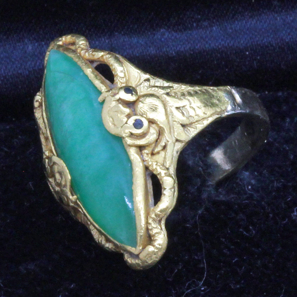 Antique Vintage Chinese Ring 22k Gold Jade Dragons Foo Dogs Unisex (7125)