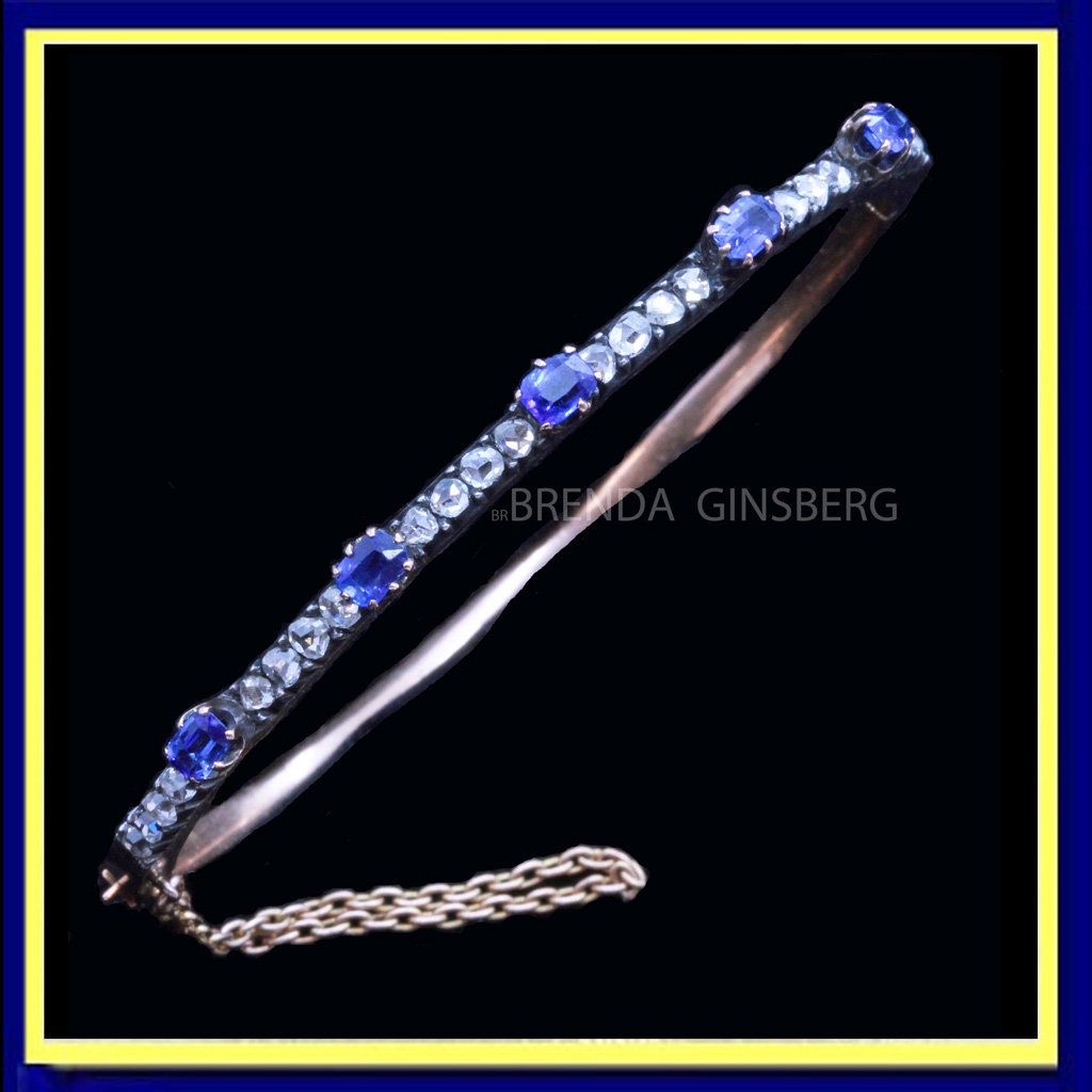 Antique Victorian Bangle Bracelet Diamonds Sapphires 14K Gold w Appraisal (7134)