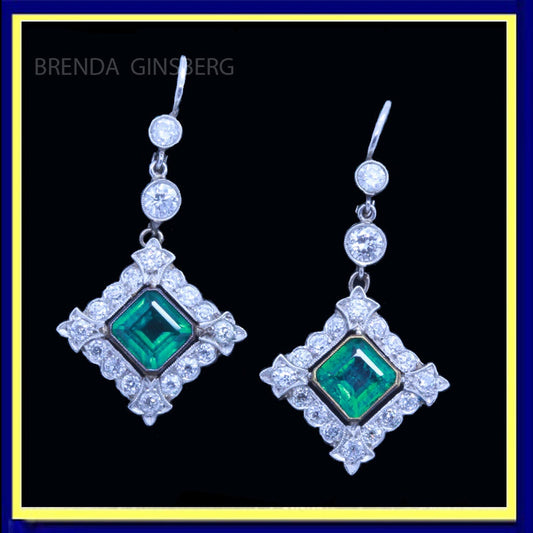 Antique Earrings Platinum Diamonds Emeralds Colombia w Certificates (7128)