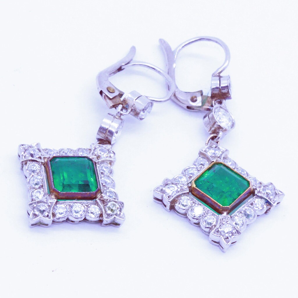 Antique Earrings Platinum Diamonds Emeralds Colombia w Certificates (7128)
