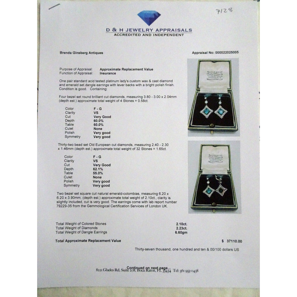 Antique Earrings Platinum Diamonds Emeralds Colombia w Certificates (7128)