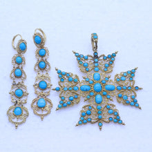 Georgian Set 18k Gold Turquoise Earrings Necklace Bracelets Pendant Brooch (7130)