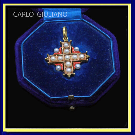 Carlo Giuliano Cross Pendant 18k Gold Natural Pearls Enamel original box (7146)