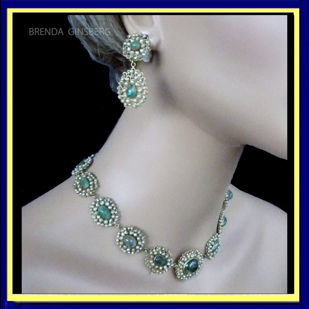 Antique Victorian Set Necklace Earrings 14k Gold Pearls Green Tourmalines (7158)