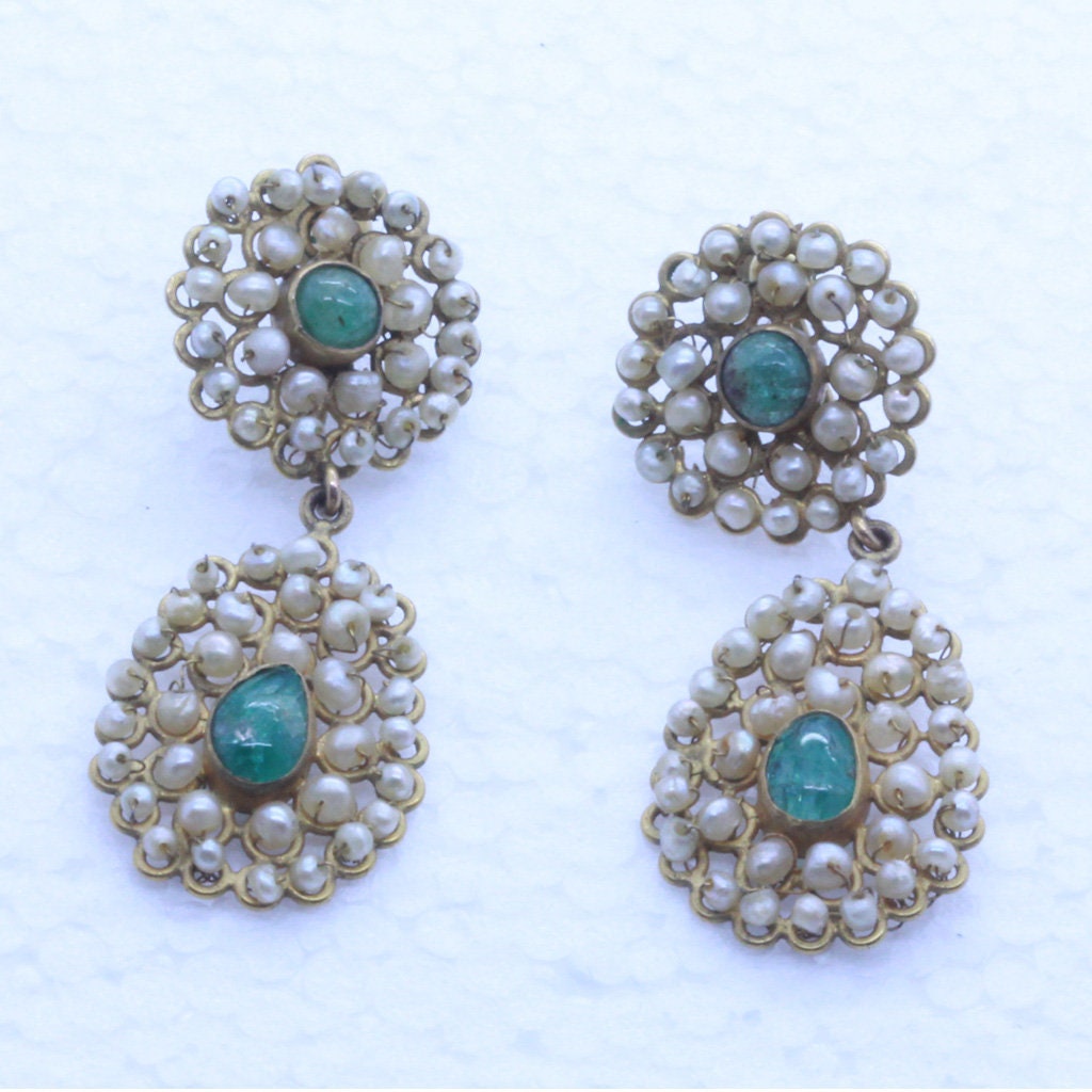 Antique Victorian Set Necklace Earrings 14k Gold Pearls Green Tourmalines (7158)