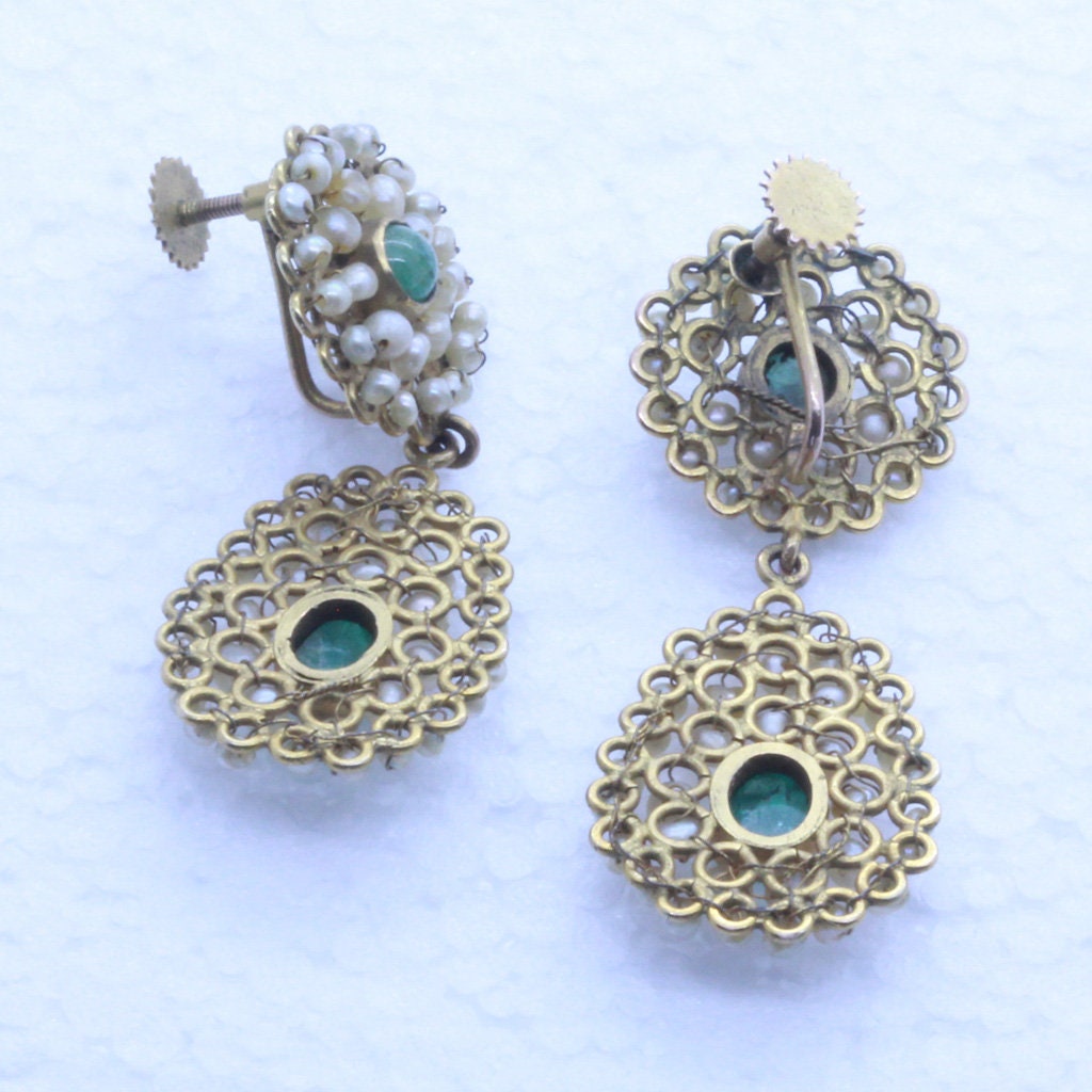 Antique Victorian Set Necklace Earrings 14k Gold Pearls Green Tourmalines (7158)