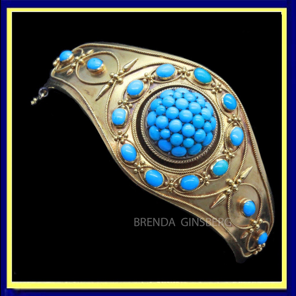Antique Victorian Bangle Bracelet 15ct Gold Turquoise Etruscan Revival (7156)