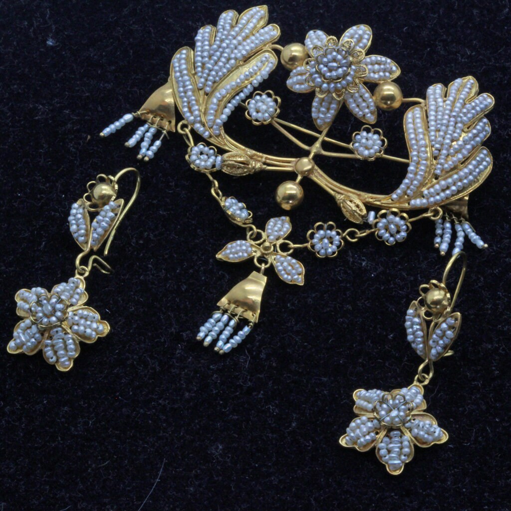Antique Jewelry Set Earrings Brooch-Pendant Gold Natural Pearls Bridal (7155)