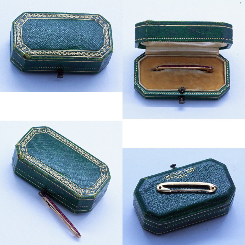 LACLOCHE FRES PARIS Antique Brooch 18k Gold Rubies Safety Pin Original Box (7141)