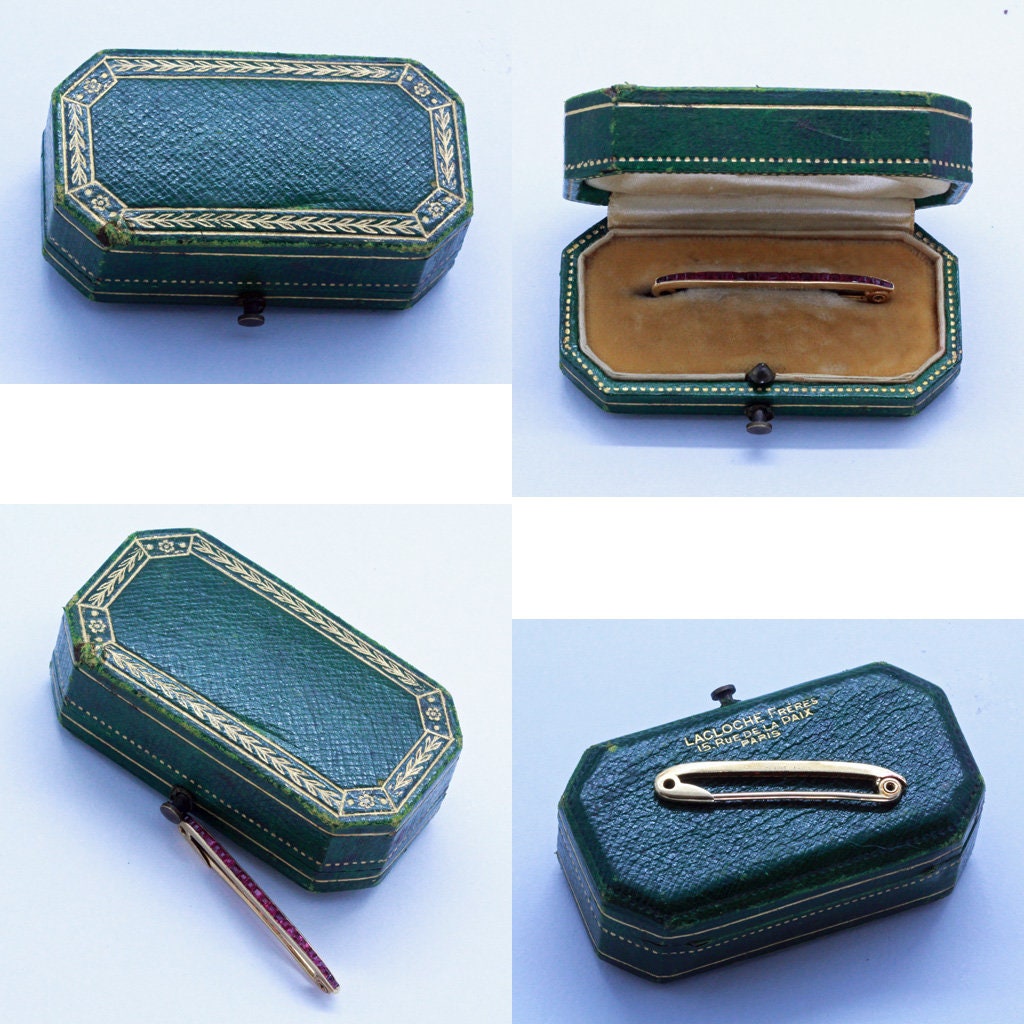 LACLOCHE FRES PARIS Antique Brooch 18k Gold Rubies Safety Pin Original Box (7141)