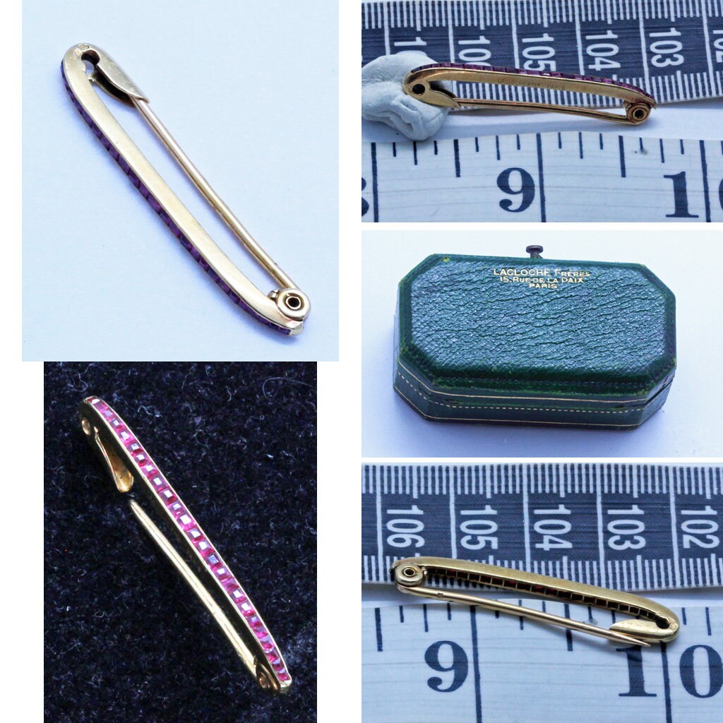 LACLOCHE FRES PARIS Antique Brooch 18k Gold Rubies Safety Pin Original Box (7141)