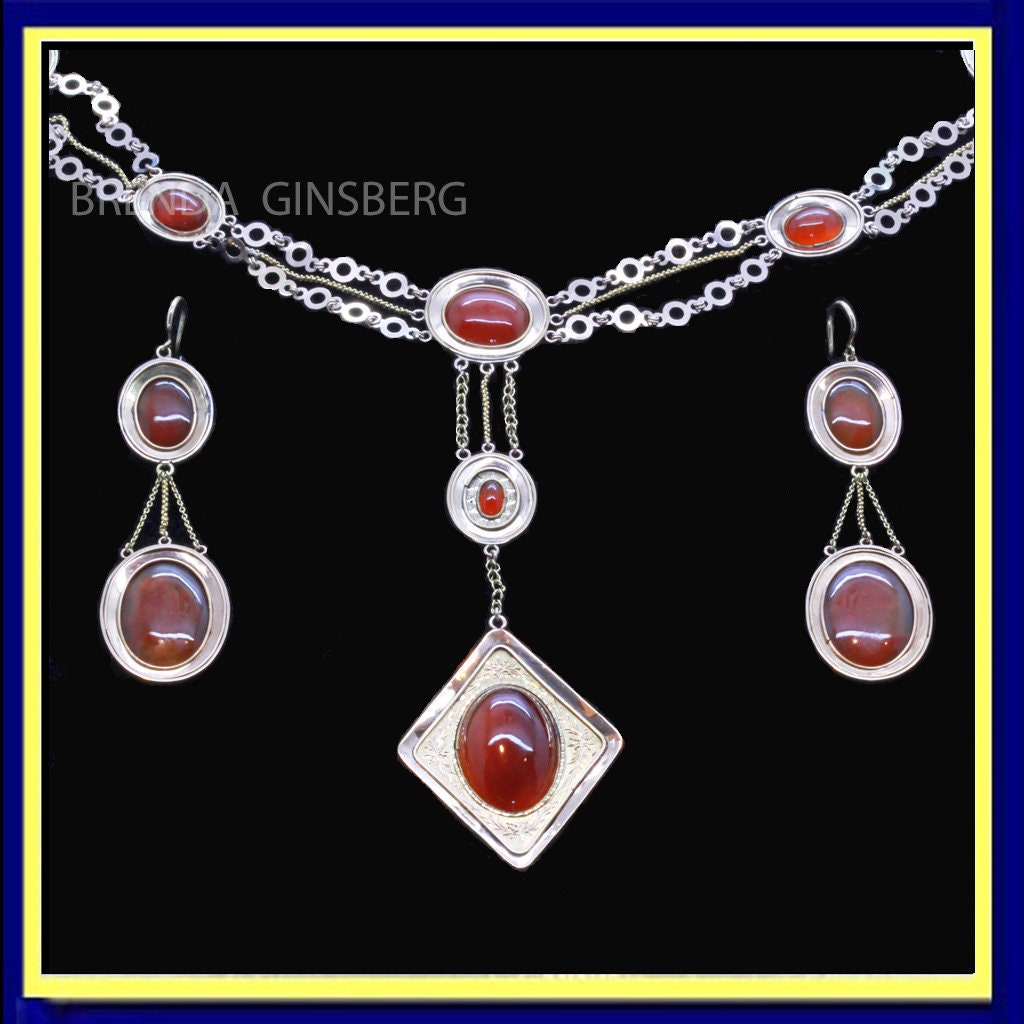 Antique Georgian Victorian Earrings Necklace Set 14k Gold Carnelian Italy (7143)