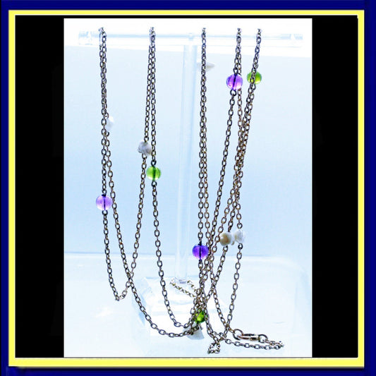 Antique Gold Chain Necklace Suffragette Natural Pearls Amethysts Peridot (6767)
